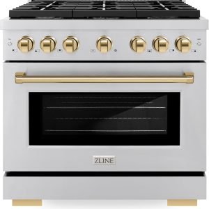 ZLINE Autograph Edition 36 in. 5.2 cu. ft. Paramount Dual Fuel Range with 6 Burner Gas Cooktop and Electric Convection Oven in Stainless Steel with Polished Gold Accents (SDRZ-36-G)