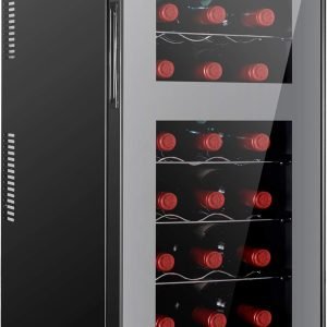Wine Fridge Dual Zone,18 Bottles Wine Cooler Refrigerator Chiller Upper Zone 46f-54f Lower Zone 54f-65f for Red White Wine Champagne in Home Office Bedroom Countertop （18 Bottles,Black