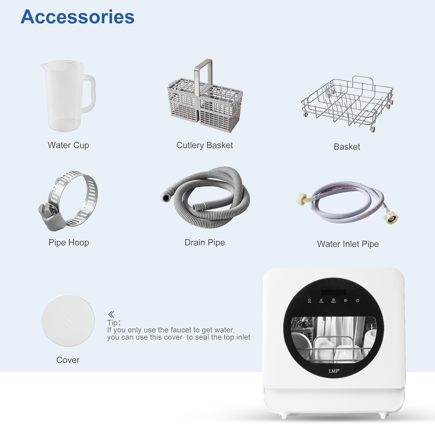 LMP Portable Dishwasher Countertop, Compact Mini Dishwasher with 4.5L Built-in Water Tank & Glass Door, Washing Programs Baby Care, Air-Dry Function Small Dish Washer for Table Top Small Apartments - Image 6