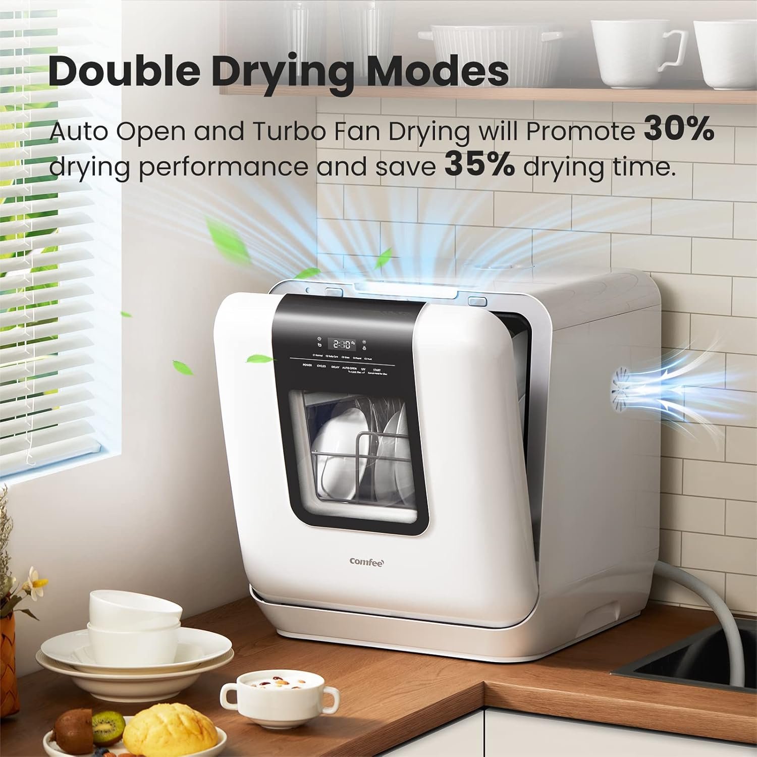 COMFEE' Countertop Dishwasher, Portable Dishwasher with 6L Built-in Water Tank, Mini Dishwasher with More Space Inside, 7 Programs, UV Hygiene& Auto Door Open, for Apartments, Dorms& RVs, White - Image 6