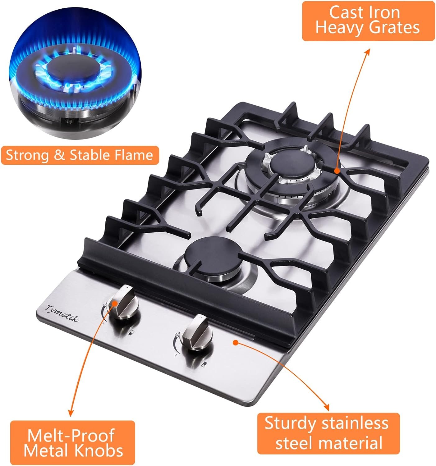 Gas Cooktop 12 Inch, 2 Burners Gas Stovetop Built-in Stainless Steel Gas Stove Dual Fuel LPG/NG Convertible Gas Hob for RVs, Apartments, Outdoor - Image 2