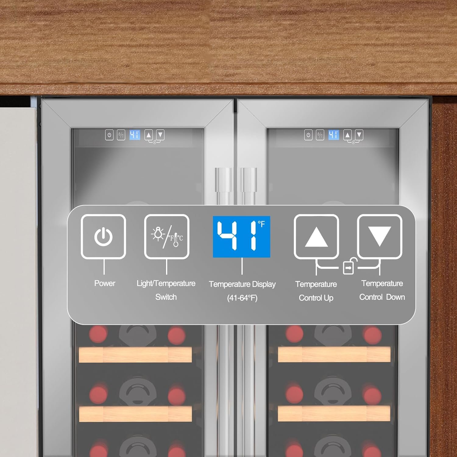 34 Bottles Wine Cooler, 24 Inch Wine Fridge Dual Zone, Built-in or Under Counter, 41-64°F Digital Touchscreen, Triple-Layer Glass, Two French Door Wine Cellar for Home, Commercial, Bar - Image 3