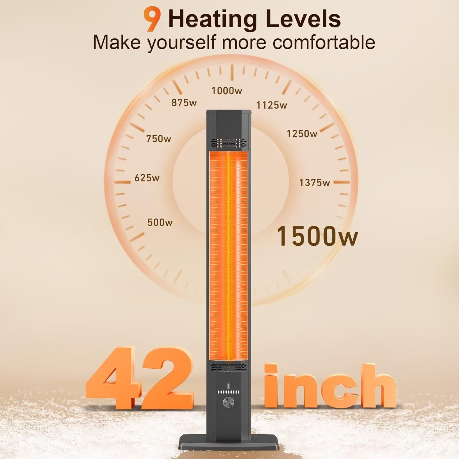 Outdoor Patio Heater with 9 Heat Levels,Space Heater for Garage Backyard Room Indoor,1500W Fast Electric Infrared Heater,9H Timers,Waterproof,Child Lock,Black Large - Image 2
