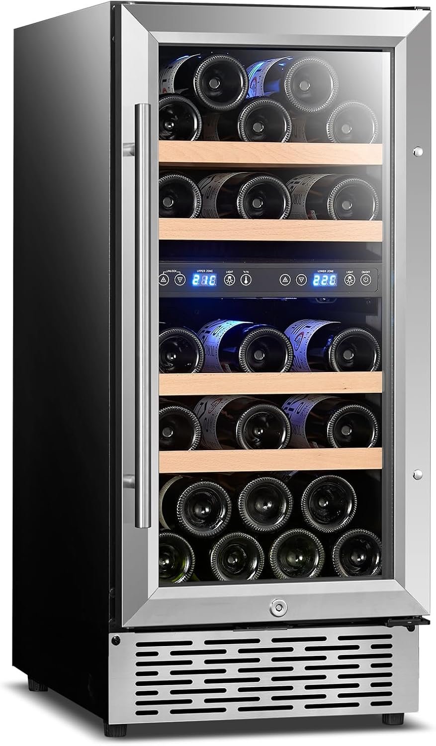 Wine Cooler 15 Inch, Dual Zone Wine Fridge Under Counter 28 Bottle with Stainless Steel Glass Door, Fit Red & White Wine, Built-in or Freestanding