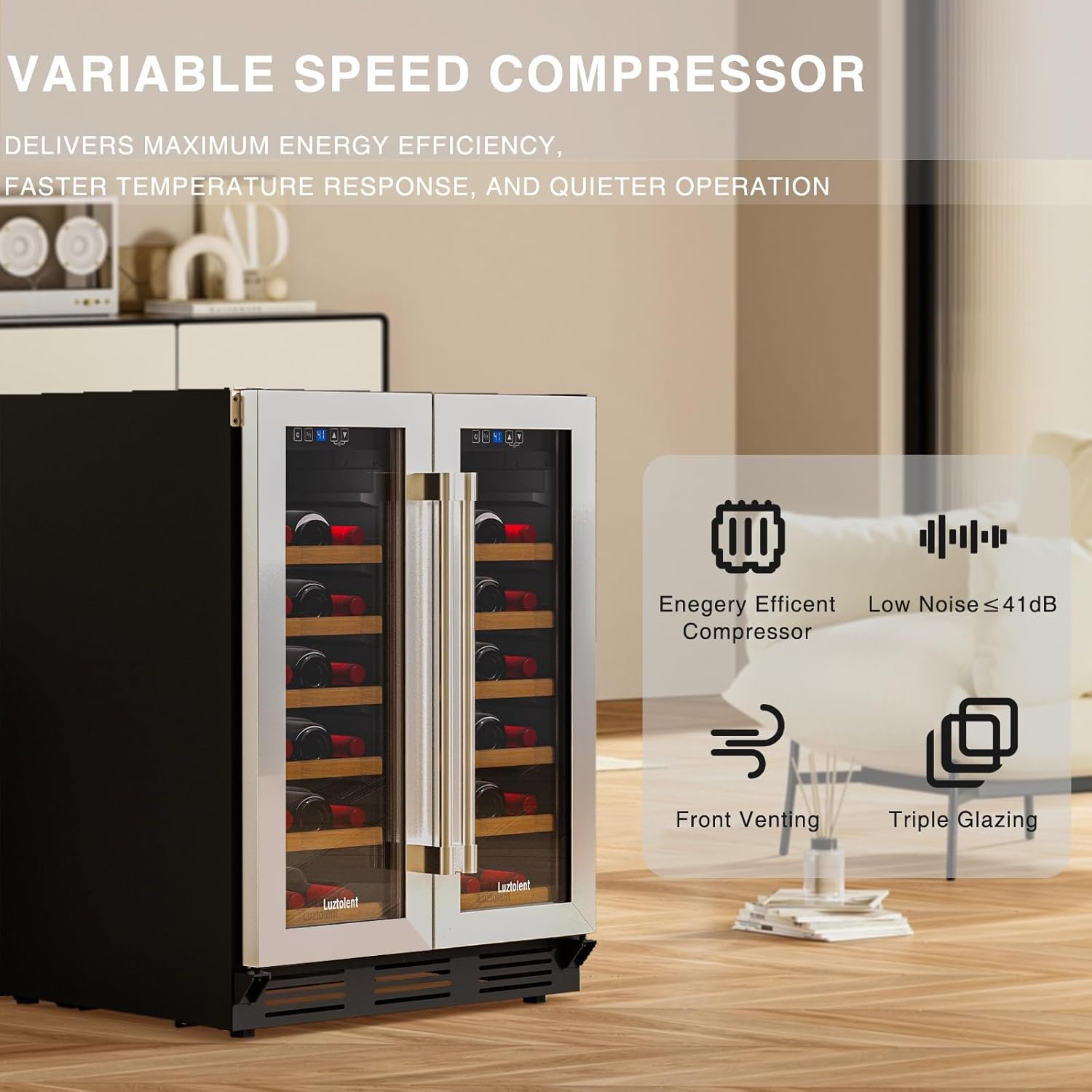 34 Bottles Wine Cooler, 24 Inch Wine Fridge Dual Zone, Built-in or Under Counter, 41-64°F Digital Touchscreen, Triple-Layer Glass, Two French Door Wine Cellar for Home, Commercial, Bar - Image 4