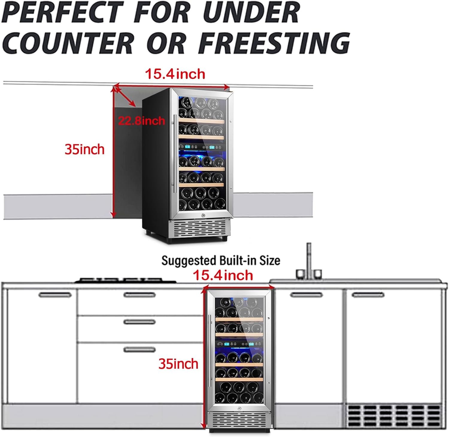 Wine Cooler 15 Inch, Dual Zone Wine Fridge Under Counter 28 Bottle with Stainless Steel Glass Door, Fit Red & White Wine, Built-in or Freestanding - Image 6
