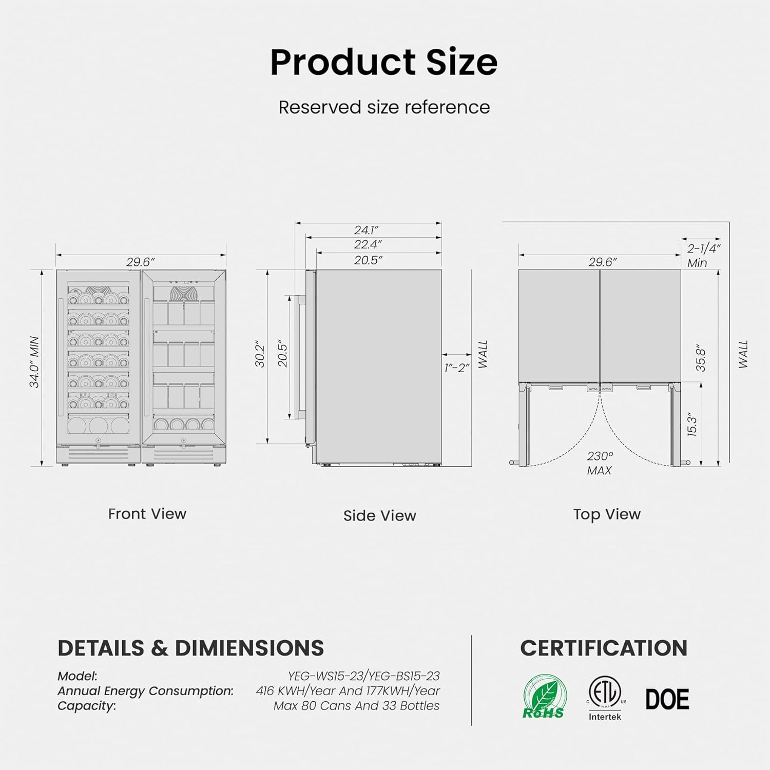 Yeego 30 inch Wine Fridge, Two 15" Wine Coolers Side-by-Side Refrigerators Freestanding Wine Cooler, Hold 33 Bottles and 80 cans - Image 5