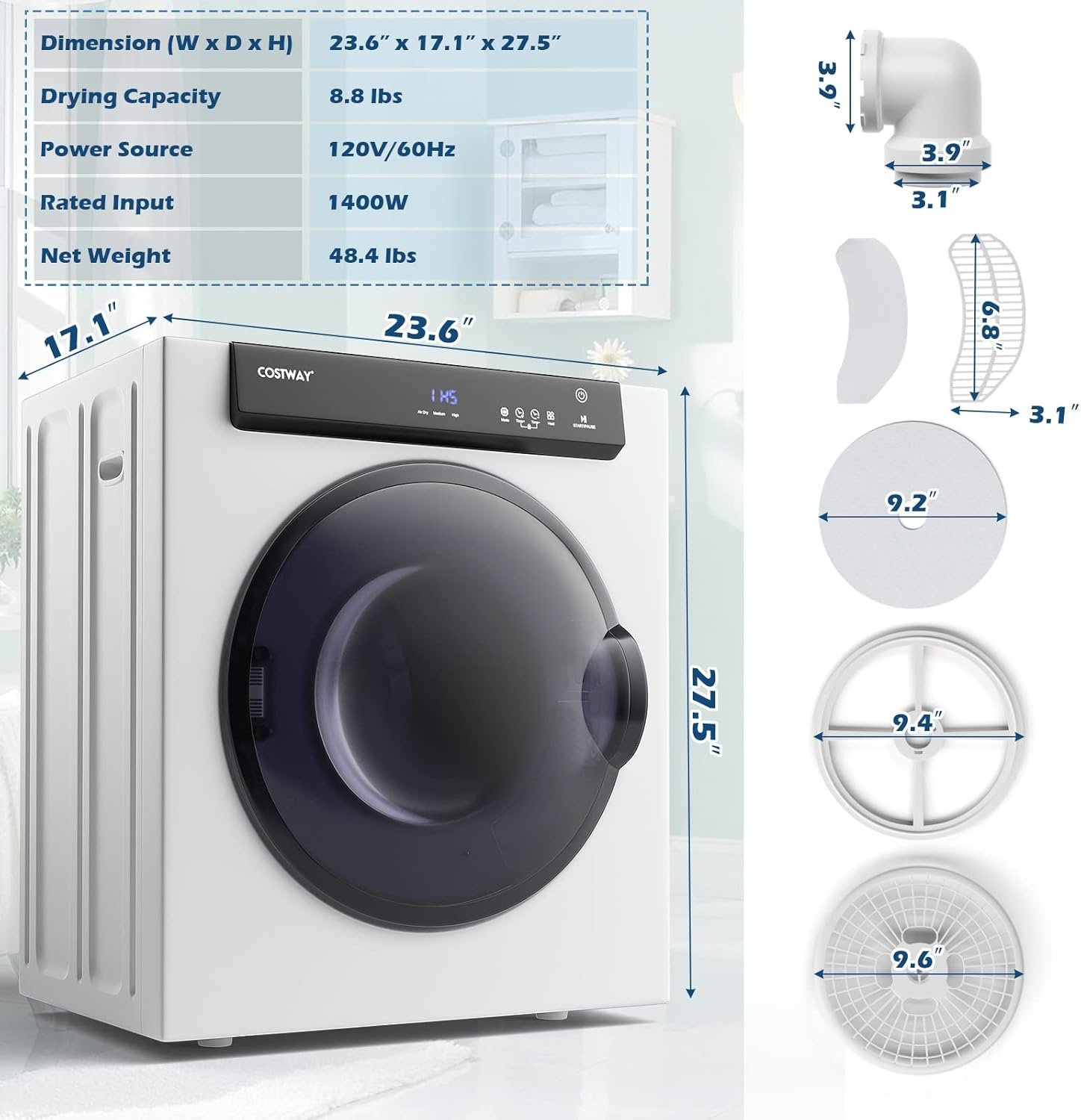 COSTWAY Compact, Touch Panel, 2 Modes, 3 Heating Powers and Adjustable Exhaust Vent, 8.8 LBS Front Load Tumble Laundry Apartment, Dorm and Home, 1400W, White Portable Dryer - Image 7