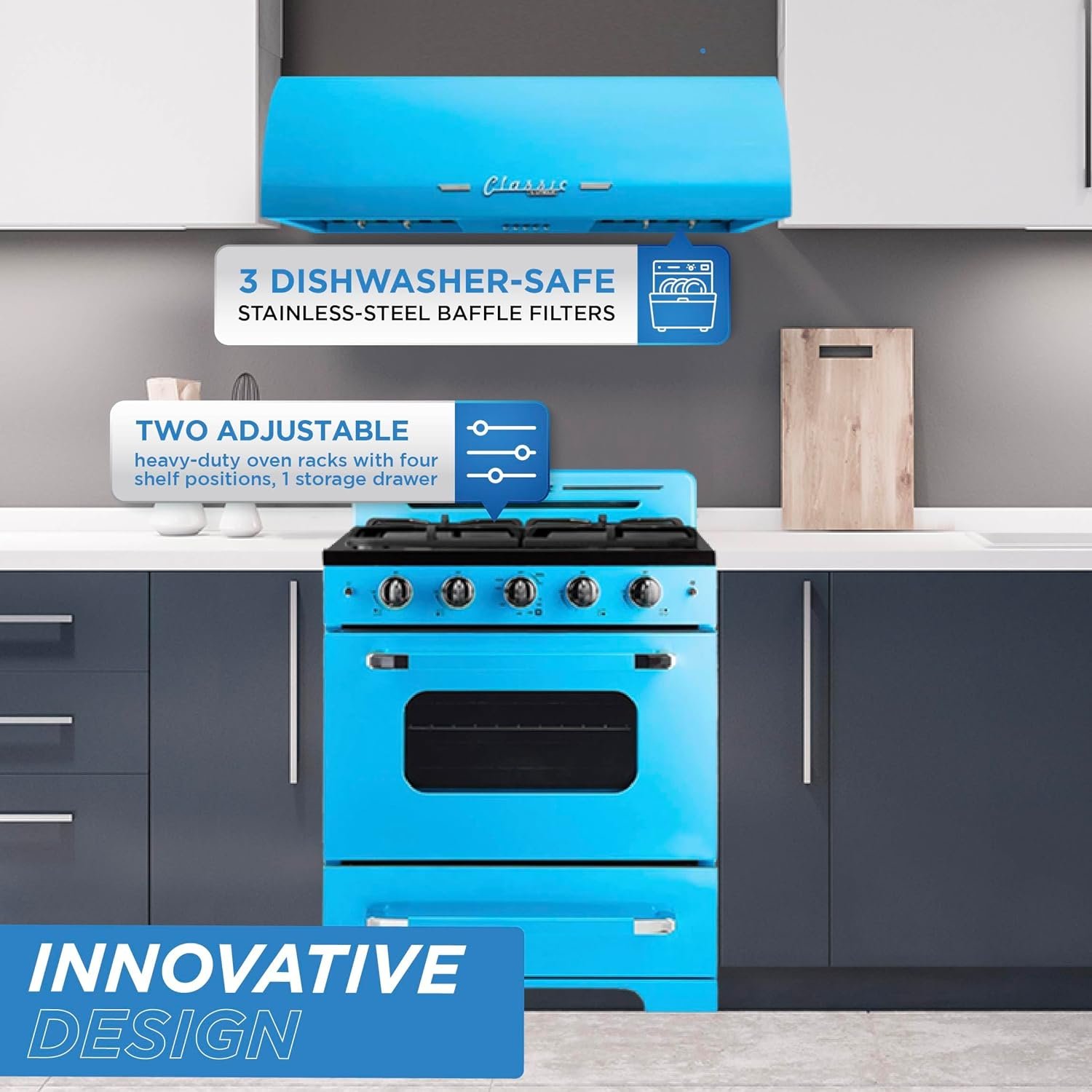 Unique Appliances UGP-30CRP-RB Classic Retro 2-Piece Freestanding Gas 3 Fan Speed-Electric Hood, Range with Convection Oven and 4 Burners, 30", Ocean Mist Turquoise - Image 6