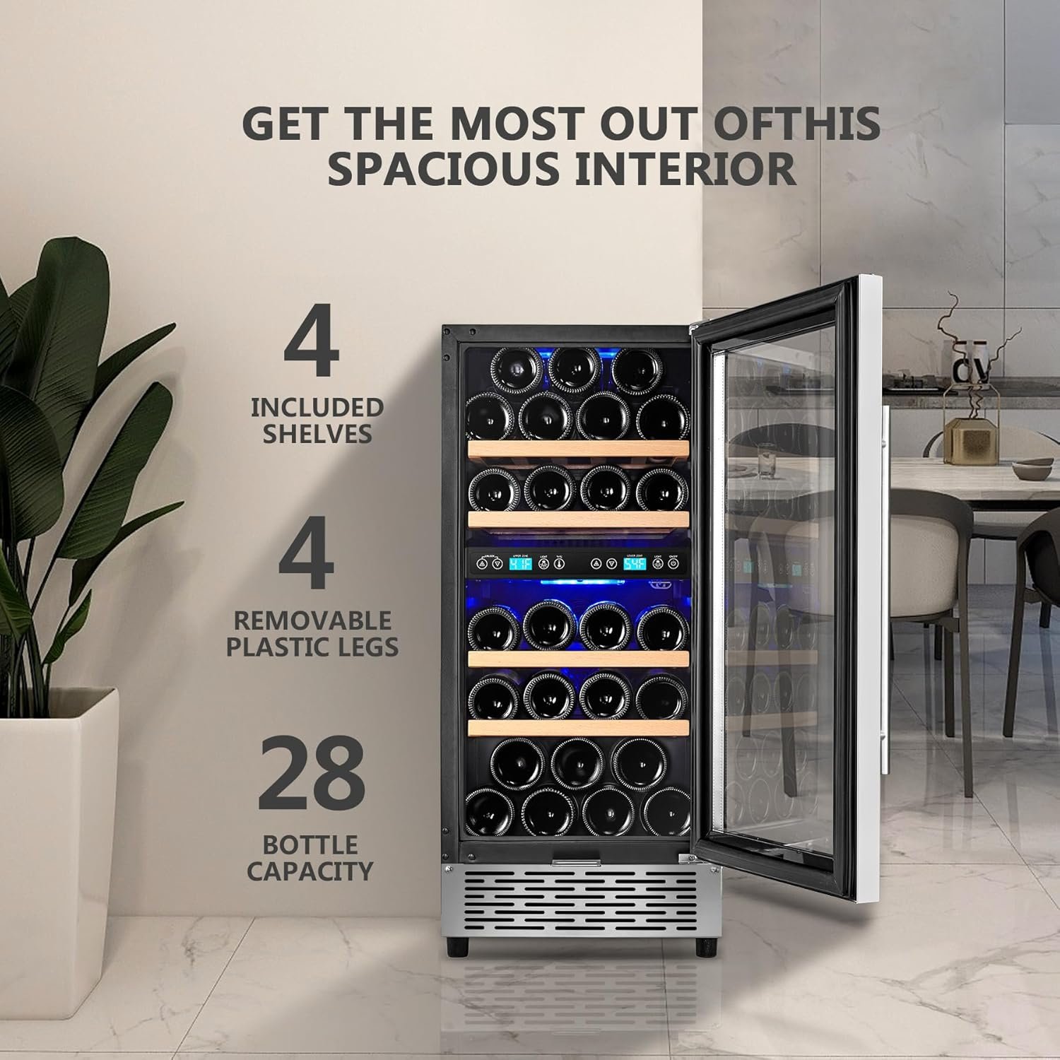 Wine Cooler 15 Inch, Dual Zone Wine Fridge Under Counter 28 Bottle with Stainless Steel Glass Door, Fit Red & White Wine, Built-in or Freestanding - Image 4