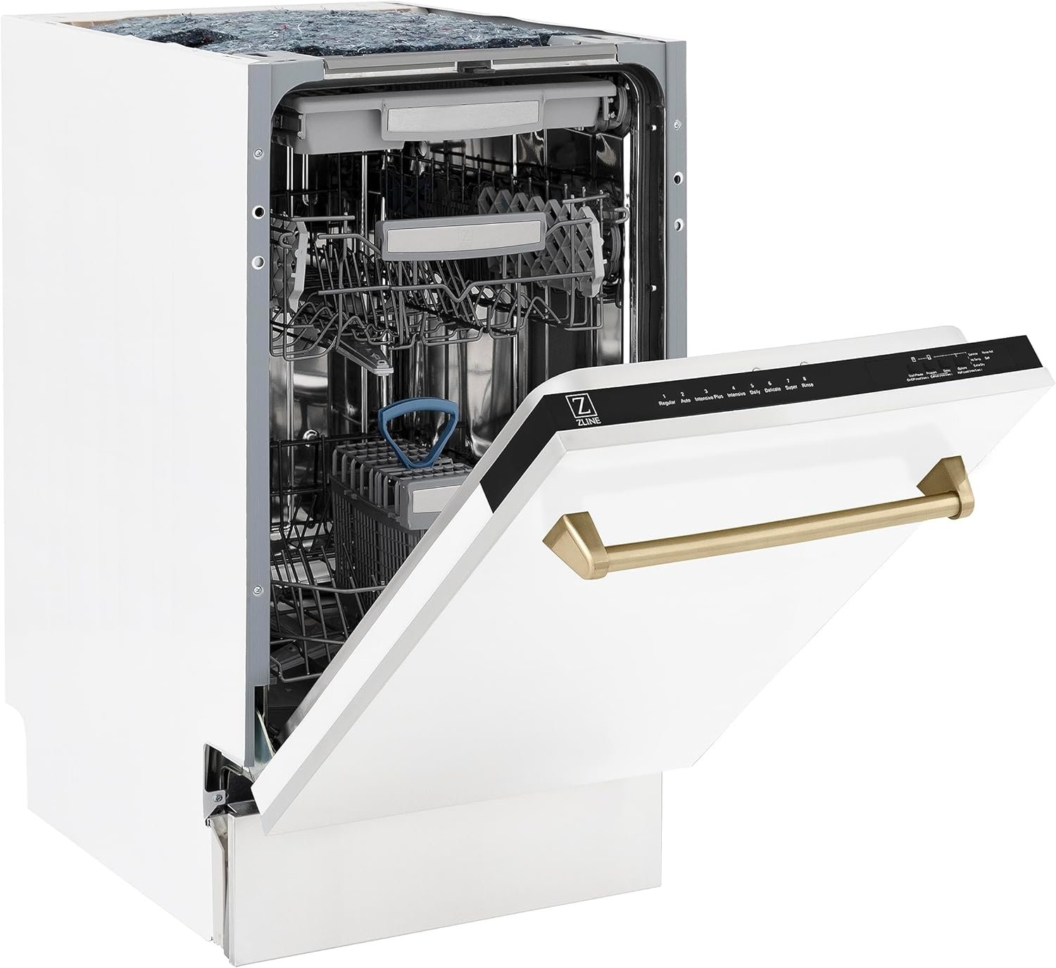 ZLINE Autograph Edition 18" Compact 3rd Rack Top Control Dishwasher in White Matte with Champagne Bronze Handle, 51dBa (DWVZ-WM-18-CB) - Image 3