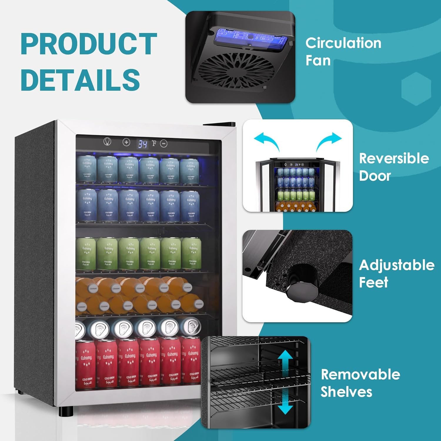 EUHOMY 4.5 Cu.ft Beverage Refrigerator and Cooler, 145 Can Mini fridge with Glass Door for Soda Beer Wine, Small Drink Dispenser with Digital Adjustable Thermostat for Home Office Bar - Image 6