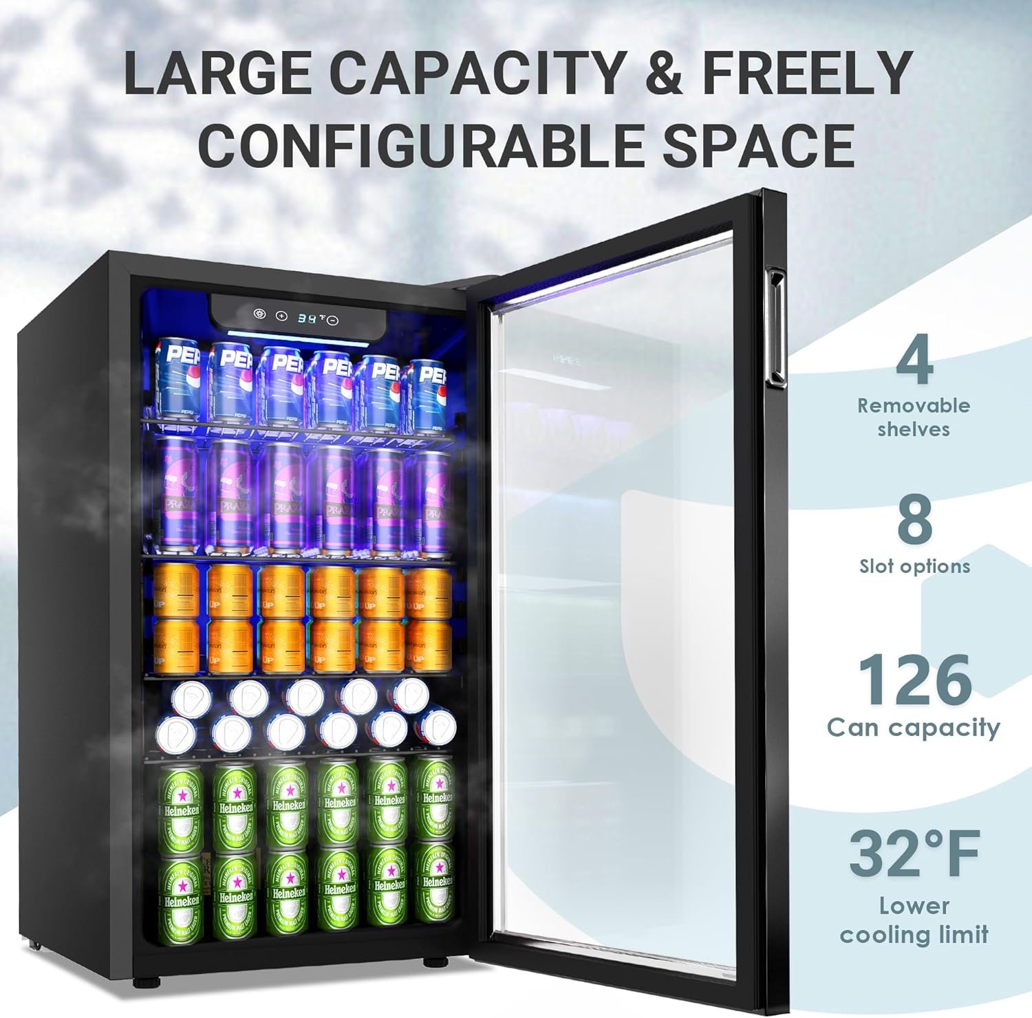 EUHOMY Beverage Refrigerator and Cooler, 126 Can Mini fridge with Glass Door, Small Refrigerator with Adjustable Shelves for Soda Beer or Wine, Home/Bar/Office, Black Steel - Image 2