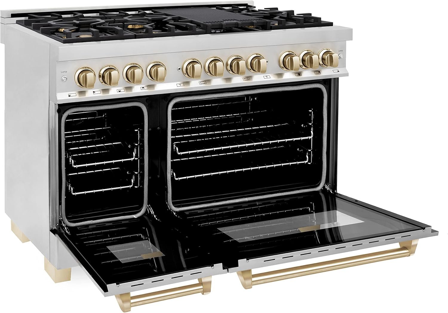 ZLINE Autograph Edition 48 in. 6.0 cu. ft. Legacy Dual Fuel Range with 7 Burner Gas Cooktop and 2 Electric Ovens in Stainless Steel and Polished Gold Accents (RAZ-48-G) - Image 3