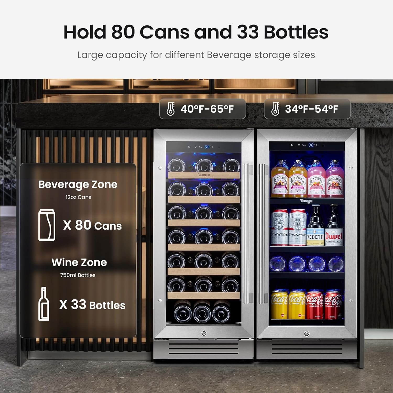 Yeego 30 inch Wine Fridge, Two 15" Wine Coolers Side-by-Side Refrigerators Freestanding Wine Cooler, Hold 33 Bottles and 80 cans - Image 3