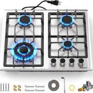 4 Burner Gas Stove - 24 Inch Stainless Steel Propane Gas Cooktop for LPG/NG Dual Fuel, Two Burner Gas Stove Burner with Flame-out Protection for Apartment, Kitchen, Indoor, 110-120V Plug in