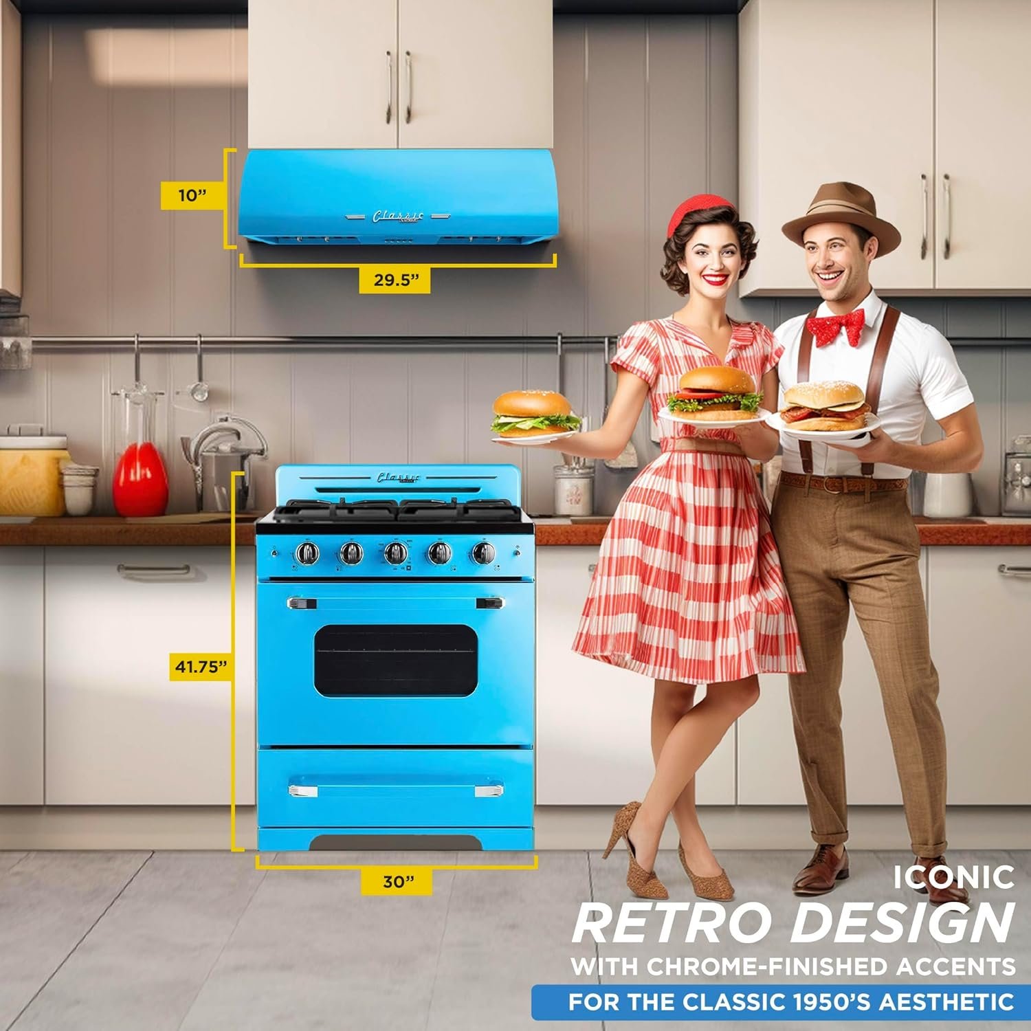 Unique Appliances UGP-30CRP-RB Classic Retro 2-Piece Freestanding Gas 3 Fan Speed-Electric Hood, Range with Convection Oven and 4 Burners, 30", Ocean Mist Turquoise - Image 2