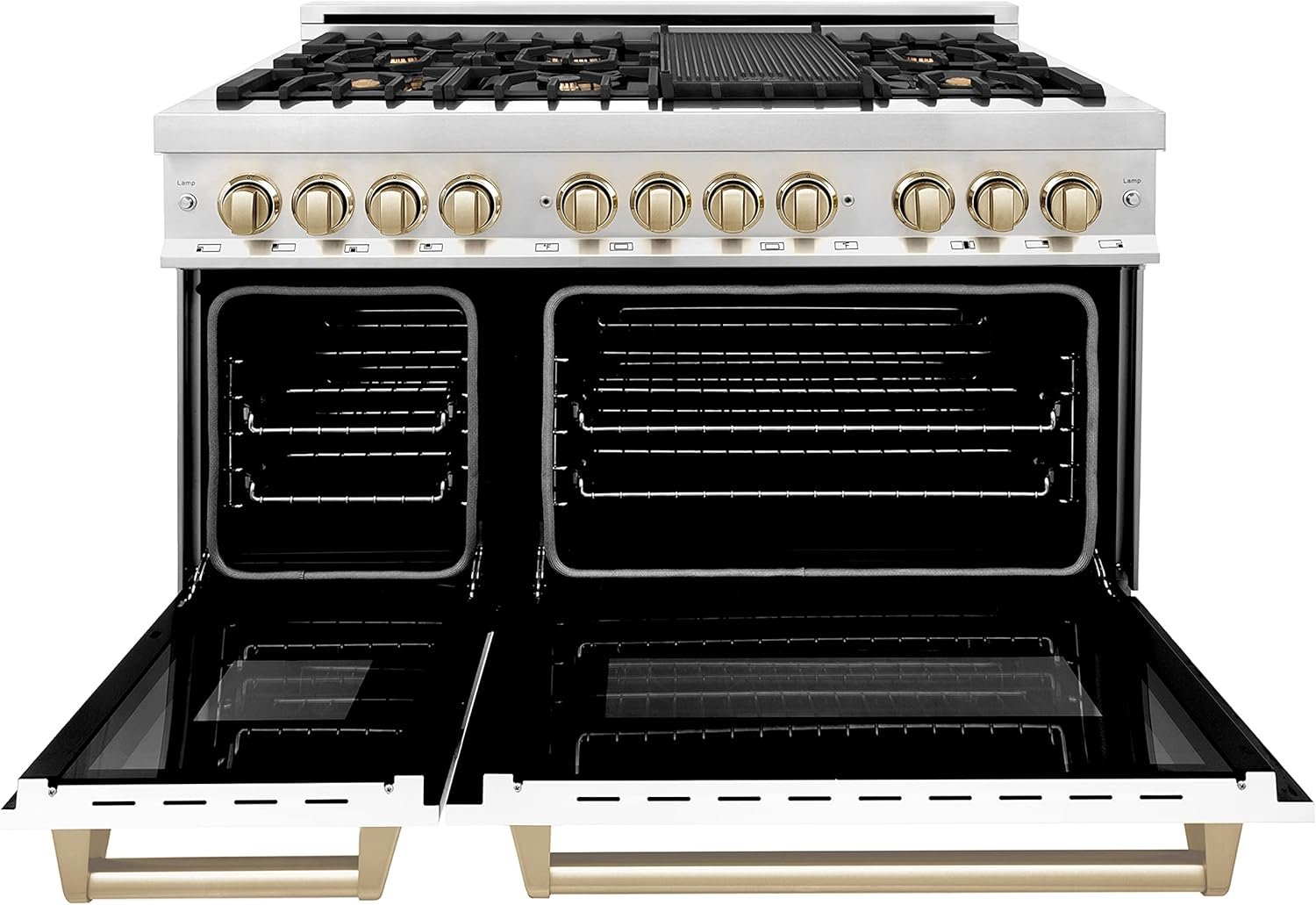 ZLINE Autograph Edition 48 in. 6.0 cu. ft. Legacy Dual Fuel Range with 7 Burner Gas Cooktop and 2 Electric Ovens in Stainless Steel with White Matte Doors and Polished Gold Accents (RAZ-WM-48-G) - Image 2