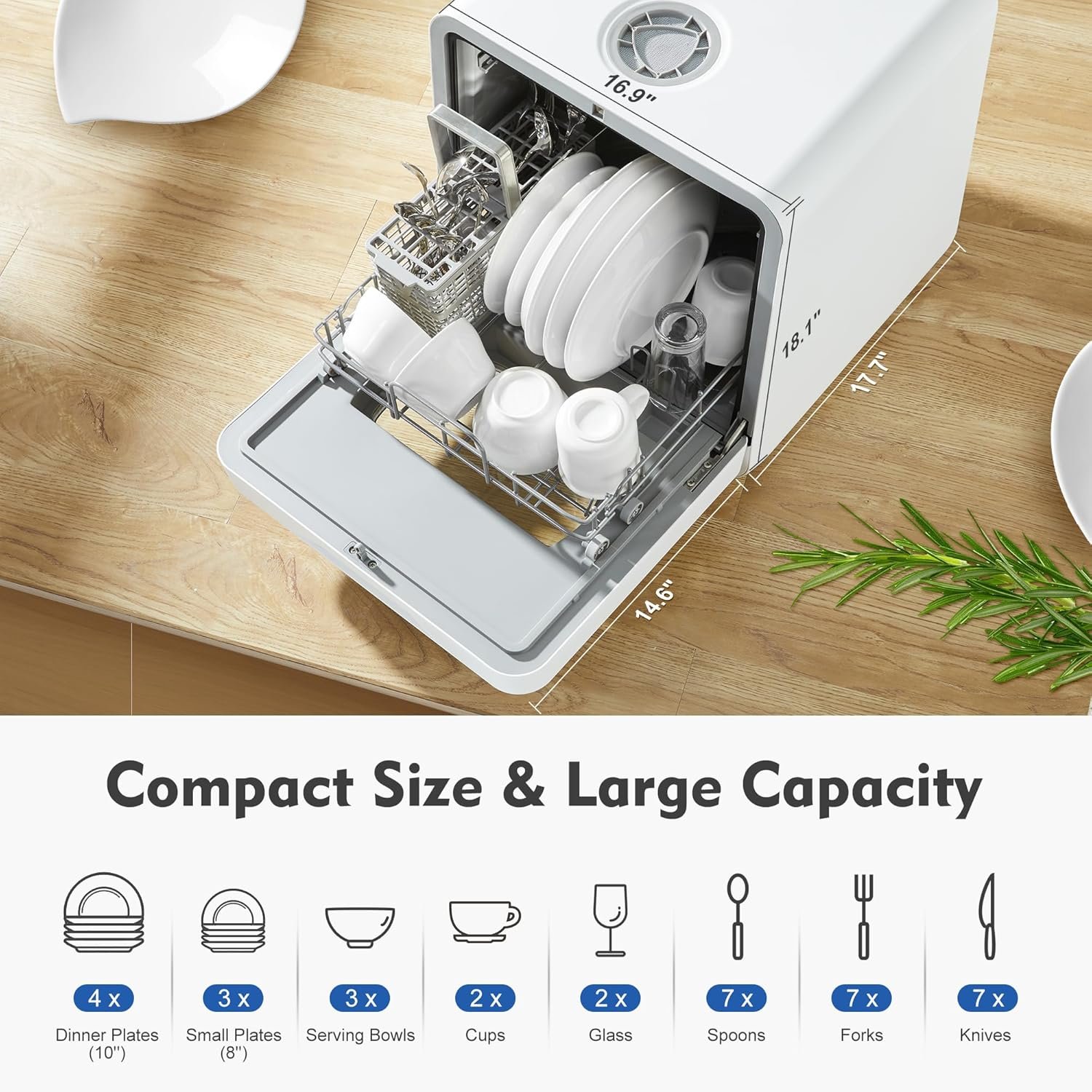 LMP Portable Dishwasher Countertop, Compact Mini Dishwasher with 4.5L Built-in Water Tank & Glass Door, Washing Programs Baby Care, Air-Dry Function Small Dish Washer for Table Top Small Apartments - Image 2