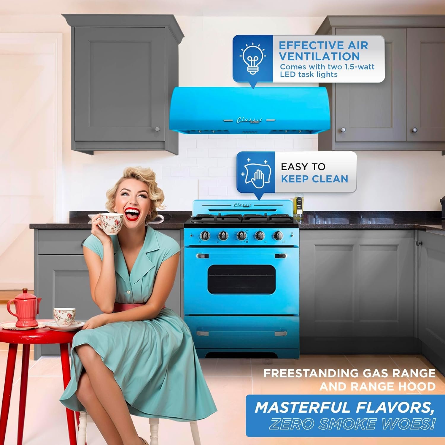 Unique Appliances UGP-30CRP-RB Classic Retro 2-Piece Freestanding Gas 3 Fan Speed-Electric Hood, Range with Convection Oven and 4 Burners, 30", Ocean Mist Turquoise - Image 7