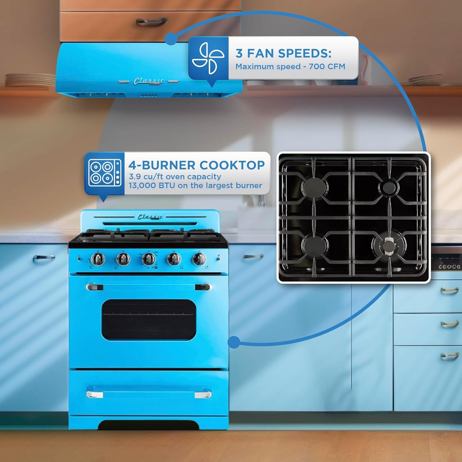 Unique Appliances UGP-30CRP-RB Classic Retro 2-Piece Freestanding Gas 3 Fan Speed-Electric Hood, Range with Convection Oven and 4 Burners, 30", Ocean Mist Turquoise - Image 4