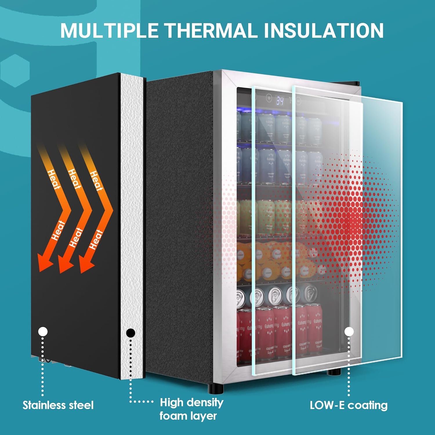 EUHOMY 4.5 Cu.ft Beverage Refrigerator and Cooler, 145 Can Mini fridge with Glass Door for Soda Beer Wine, Small Drink Dispenser with Digital Adjustable Thermostat for Home Office Bar - Image 5