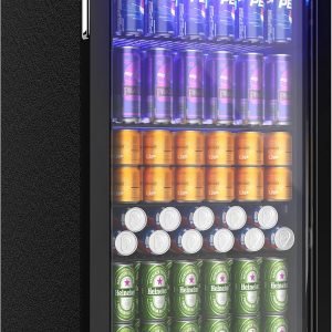 EUHOMY Beverage Refrigerator and Cooler, 126 Can Mini fridge with Glass Door, Small Refrigerator with Adjustable Shelves for Soda Beer or Wine, Home/Bar/Office, Black Steel