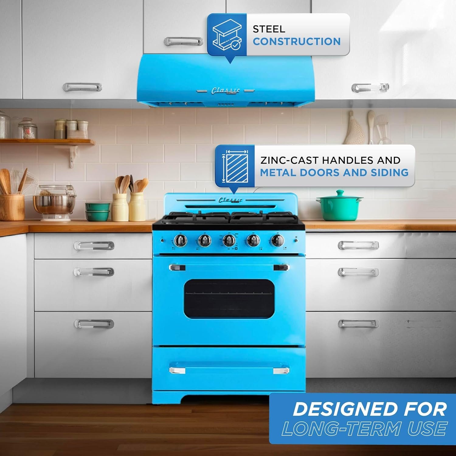 Unique Appliances UGP-30CRP-RB Classic Retro 2-Piece Freestanding Gas 3 Fan Speed-Electric Hood, Range with Convection Oven and 4 Burners, 30", Ocean Mist Turquoise - Image 5