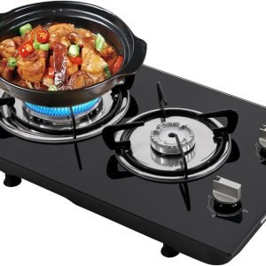 2 Burner Gas Cooktop, Tempered Glass Gas Cooktop Built-in Gas Stovetop with Burner Caps Propane Gas Stove, Double Auto Piezo-ceramic Ignition Camping Burner LPG for RV, Apartment