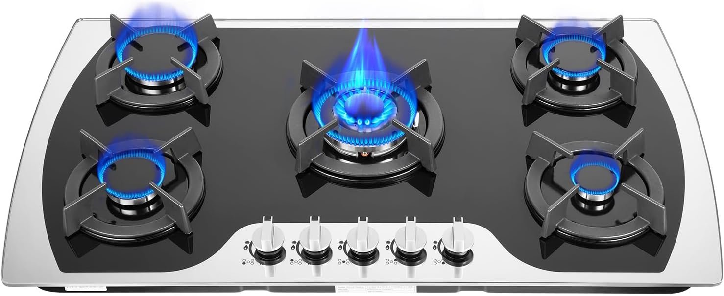 36" Gas Cooktop 5 Burners Built-In Gas Stove NG/LPG Convertible Stainless Steel Thermocouple Protection