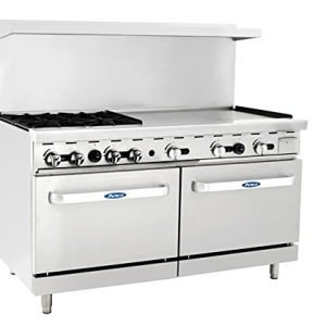 Atosa AGR-4B36GR-NG CookRite Range, Natural gas, 60"W x 31"D x 57-3/8"H, (4) 32,000 BTU burners, (1) 36"W 3/4" think polished steel griddle on the right, (2) 26-1/2"W oven