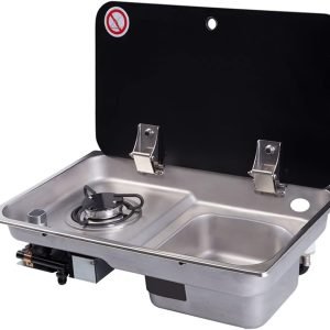 Gas Cooktop for Caravan RV Boat Camper Overall Size 21x12.5x5.7Inch 1 Burner LPG Gas Stove with S304 Stainless Steel Sink and Black Tempered Glass Cover
