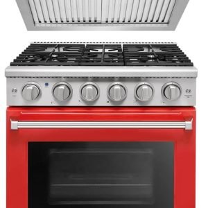 30 inch Pro-Style Natural Gas Range or Liquid Propane Gas Range with 5 Burners, 4.55 cu.ft. Oven & 30 inch Under Cabinet Range Hood in Stainless Steel (Red)
