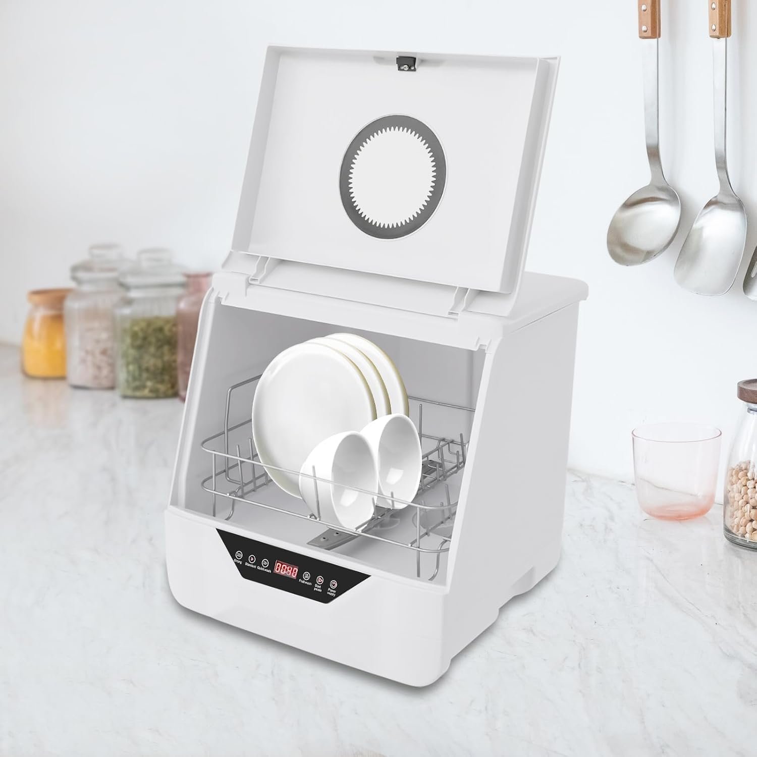 Portable Countertop Dishwasher LED 4 Washing Programs 110V Mini Dishwasher Corded Electric 6L Built-in Water Tank Inlet Hose for Apartments for 2-5 People White Color - Image 4