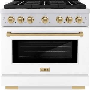 ZLINE Autograph Edition 36 in. 5.2 cu. ft. Paramount Gas Range with 6 Burner Cooktop and Convection Gas Oven in Stainless Steel with White Matte Door and Champagne Bronze Accents (SGRZ-WM-36-CB)