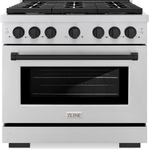 ZLINE Autograph Edition 36 in. 5.2 cu. ft. Paramount Gas Range with 6 Burner Cooktop and Convection Gas Oven in Stainless Steel and Matte Black Accents (SGRZ-36-MB)