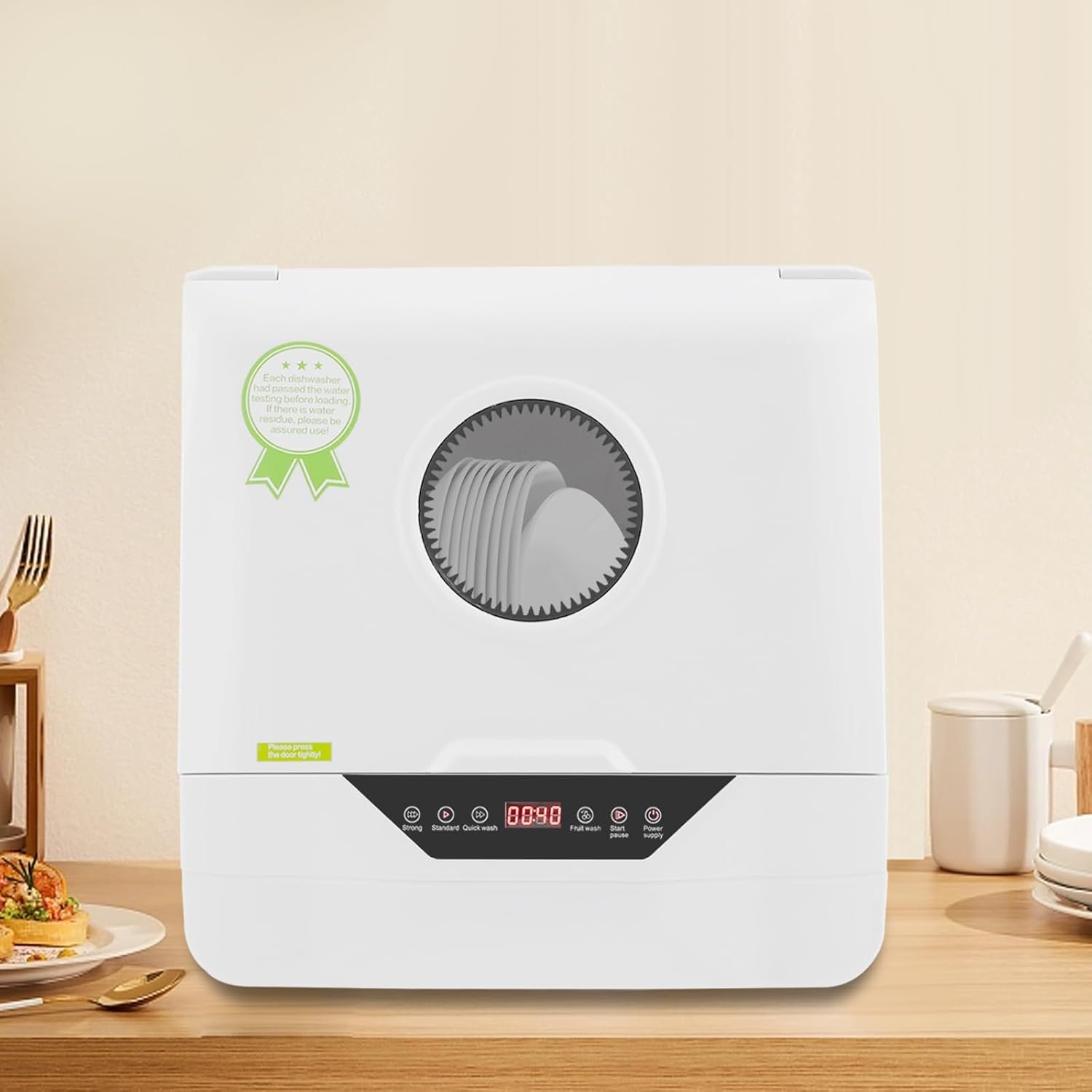 Portable Countertop Dishwasher LED 4 Washing Programs 110V Mini Dishwasher Corded Electric 6L Built-in Water Tank Inlet Hose for Apartments for 2-5 People White Color
