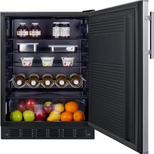 Summit FF708BL7SSADA 24” Wide ADA Commercial ETL-S listed to ANSI-NSF Standard 7 Under Counter Refrigerator 5.1 cu.ft. Made in Europe Automatic Defrost, Deluxe black interior (Right Hand Door)