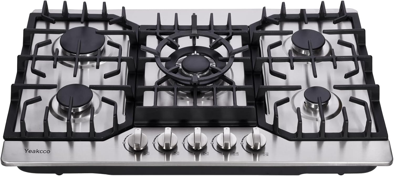 Gas Cooktop 30 Inch, Stainless Steel 5 Burners Built-in Gas Stovetop Propane/Natural Gas Convertible Stove Top Dual Fuel Gas Hob