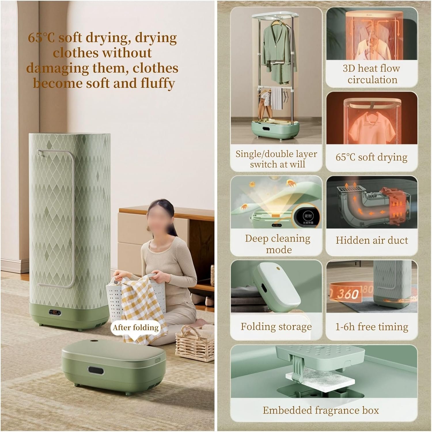 Portable Clothes Dryer,Portable Dryers For Laundry,Portable Dryer For Clothes,Portable Laundry Dryer,with Timer,Foldable,Portable Compact Laundry Clothes Dryer Electric Dryer/Rack for Home green - Image 2