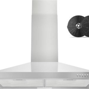 FIREGAS Range Hood 30 inch Wall Mount with Ducted/Ductless Convertible, 450 CFM Stainless Steel Chimney-Style Kitchen Hood, Over Stove Vent Hood with 3 Speed Fan, LED Light, Charcoal Filters