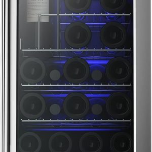 SUENO 15“ Undercounter Mini Fridge Freestanding Stainless Steel Wine Beverage Cooler Refrigerator 32 Bottles 90 Cans Double Glass Door Smart Control Temperature Memory Function Upright Space Storage