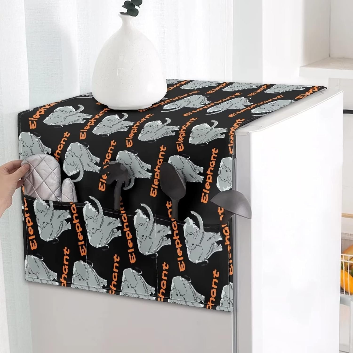 ZFRXIGN Trendy Elephant Fridge Cover Dustproof Top Cover Linen Refrigerator Cover Kitchen Appliance Protector Decorative Dust proof Cover with Side Storage Pockets