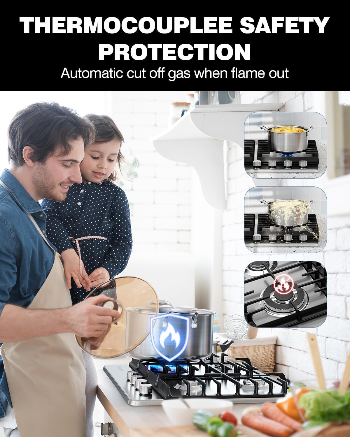 24 Inch Gas Cooktop, 4 Burner Gas Stove Top 27,400 BTU, NG/LPG Convertible, Stainless Steel Gas Stovetop with Thermocouple Protection,120V AC - Image 4