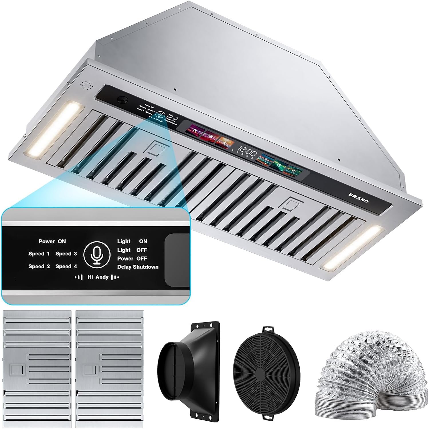 BRANO Range Hood Insert 30 Inch, 900 CFM Smart Voice/Gesture/Touch Control, 4 Speed Exhaust Fan, Stainless Steel Kitchen Hood with Charcoal Filter, Ducted/Ductless Convertible - Image 9