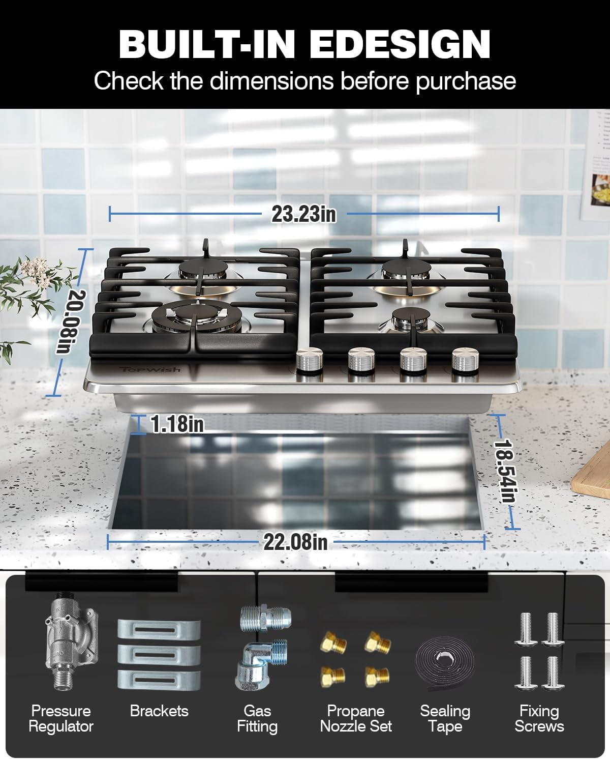 24 Inch Gas Cooktop, 4 Burner Gas Stove Top 27,400 BTU, NG/LPG Convertible, Stainless Steel Gas Stovetop with Thermocouple Protection,120V AC - Image 6