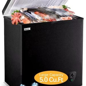 Chest Freezer 5.0 Cu.Ft Black Compact Freezer, Manual Defrost Deep Freezer with Storage Basket, Space-Saving Flat Back, Stay-Open Lid, Side-Access Drain for Home Basement Cottage Business