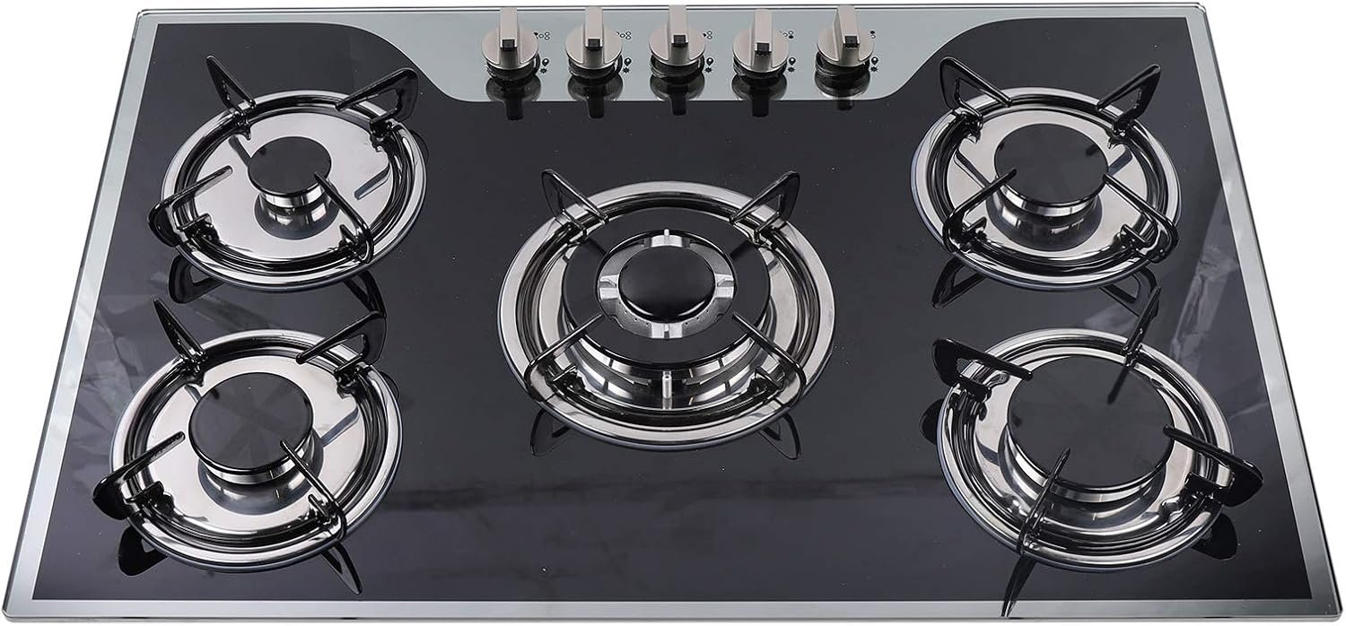Gas Cooktop 30 Inch Gas Stove Cooktop Stove Burner Tempered Glass Built in 5 Burners Gas Hob Grate Stovetop LPG/NG Convertible (Style 1) - Image 3