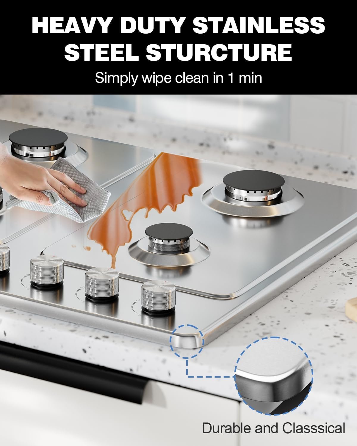 24 Inch Gas Cooktop, 4 Burner Gas Stove Top 27,400 BTU, NG/LPG Convertible, Stainless Steel Gas Stovetop with Thermocouple Protection,120V AC - Image 3