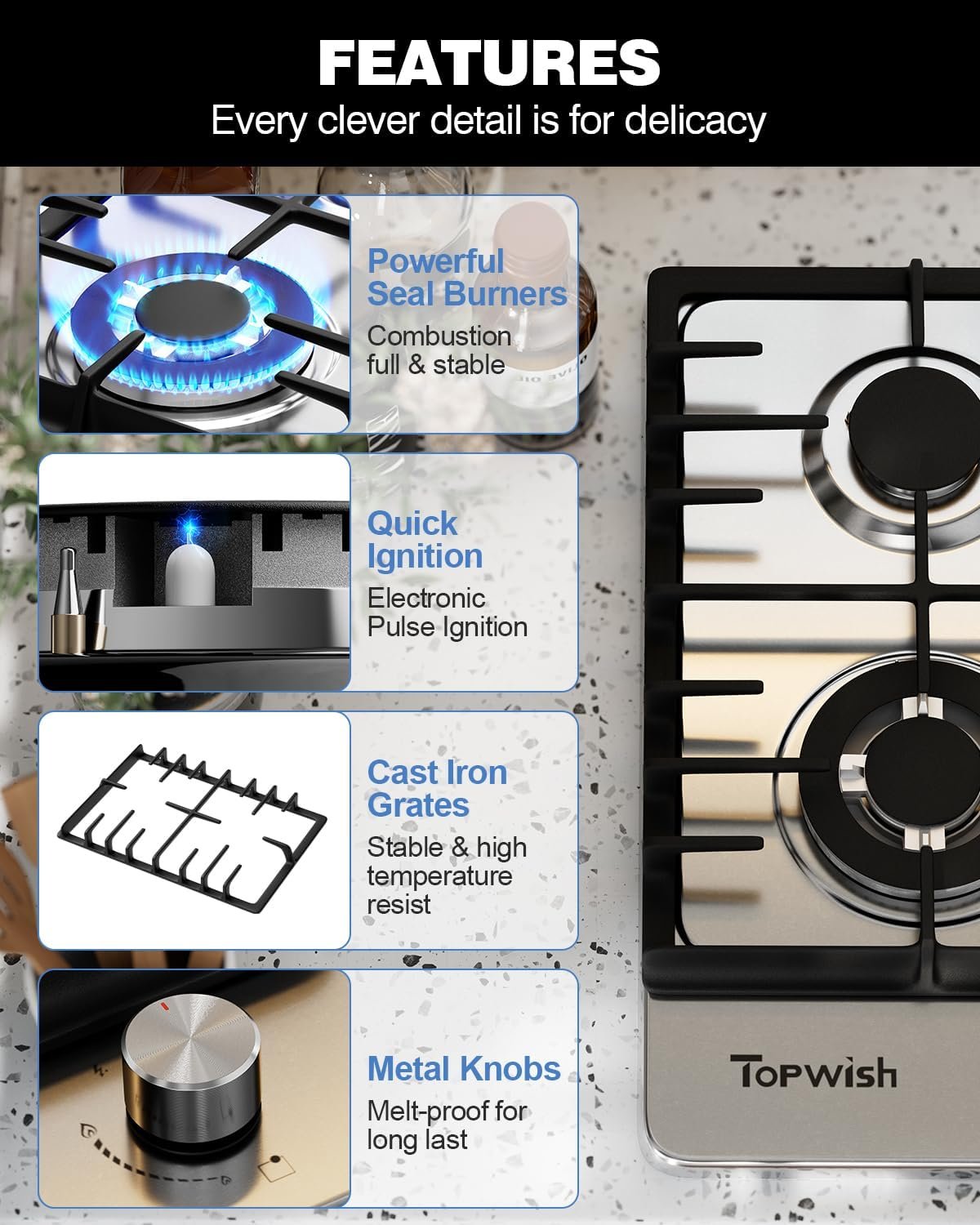 24 Inch Gas Cooktop, 4 Burner Gas Stove Top 27,400 BTU, NG/LPG Convertible, Stainless Steel Gas Stovetop with Thermocouple Protection,120V AC - Image 5